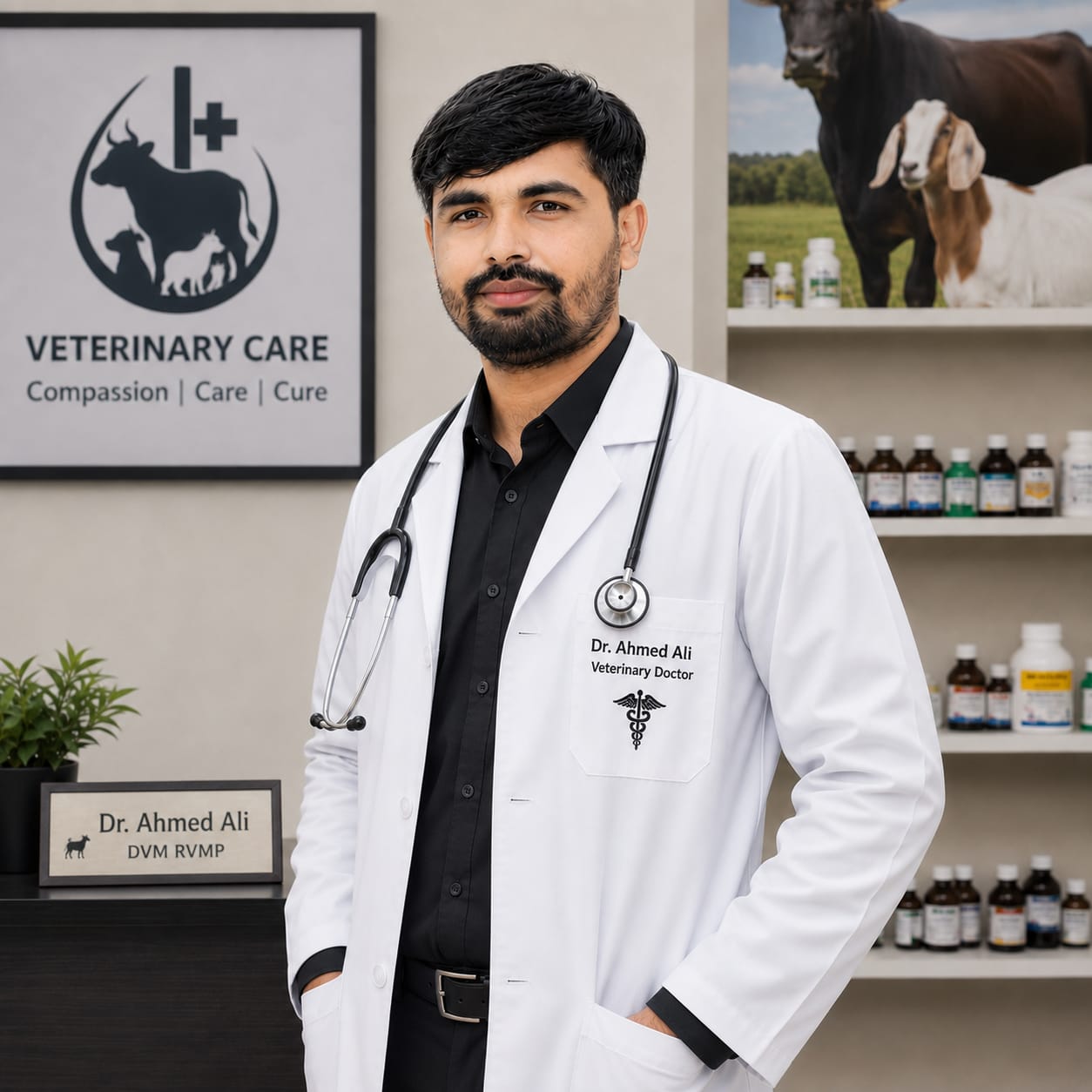 Dr. Ahmed Ali, veterinary doctor, standing in a white coat with a stethoscope beside the Veterinary Care sign
